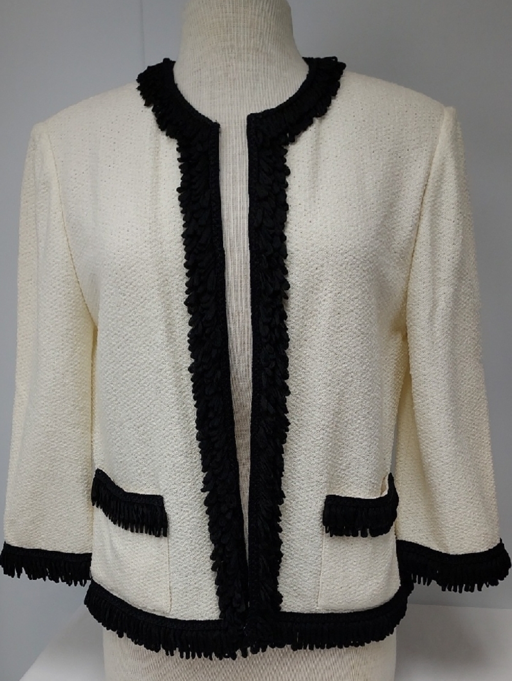Vintage St. John  Collection Cream Fringe-Trim Open Front Jacket